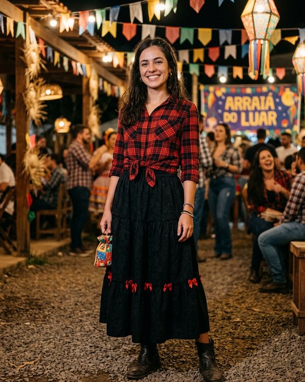 Camisa xadrez com saia rodada — referência visual de look de festa junina