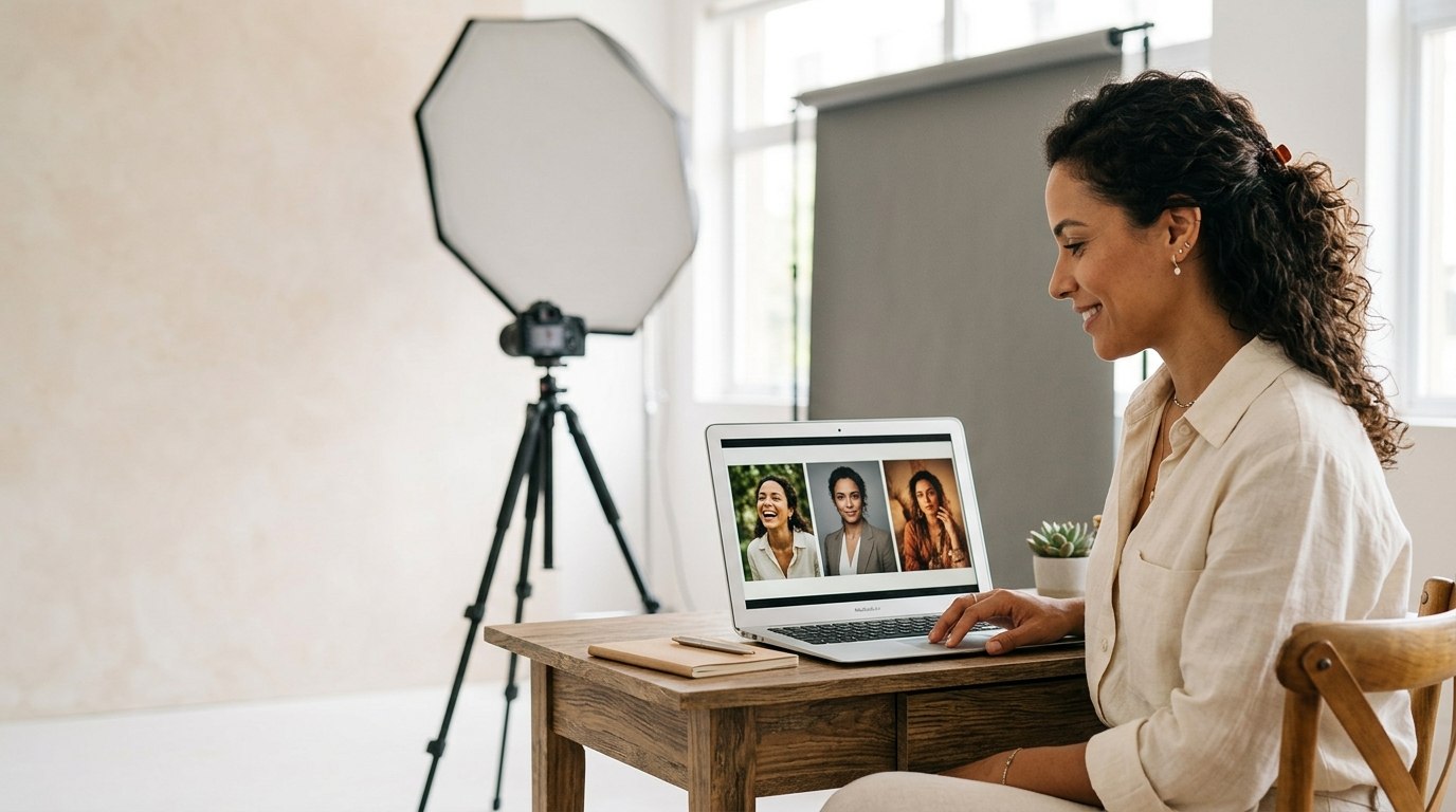 Mulher sorri olhando o notebook com três retratos profissionais dela em estilos diferentes; ao fundo, softbox e câmera em tripé de estúdio.